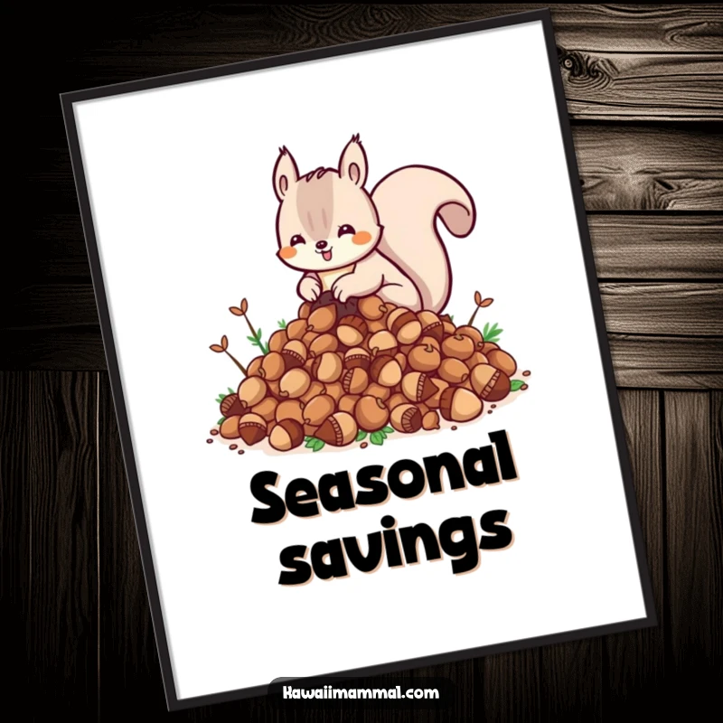 Funny Kawaii Squirrel Poster: An illustration of a small, excited kawaii squirrel burying an impossibly large pile of acorns, full of funny charm.
