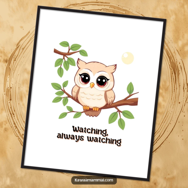 Funny kawaii owl poster featuring a wise character perched on a branch, observing with wide eyes, conveying gentle humor.