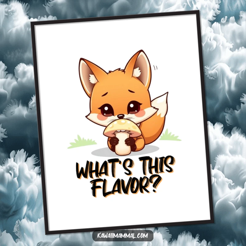 Funny fox character curiously sniffing a bright mushroom, presented as a humorous wall art print.