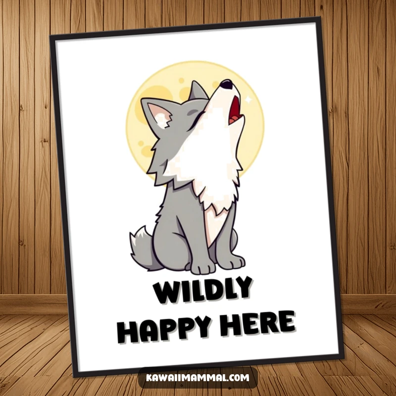 Funny Wolf Poster featuring a proud wolf character howling at a cartoon moon, bold and humorous wall art for any nature lover.