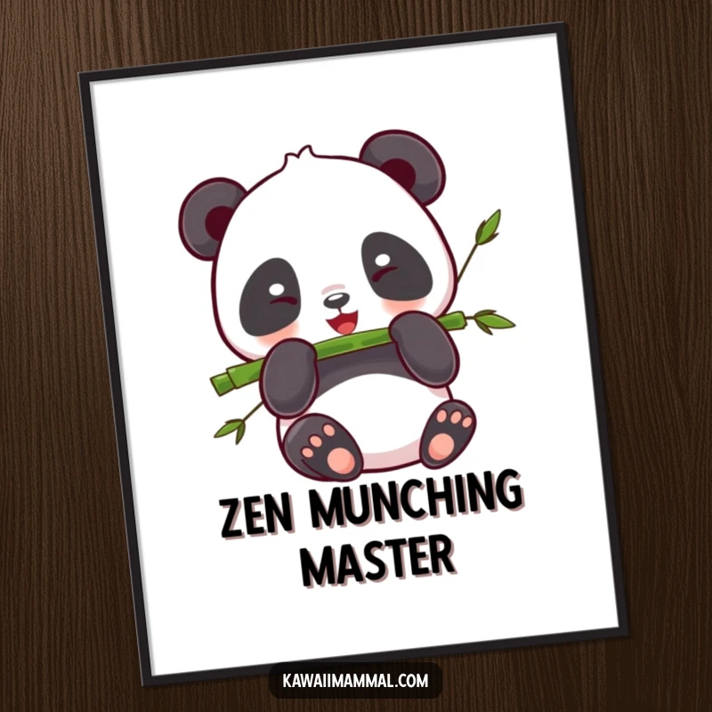 Funny Panda Poster: Whimsical kawaii panda contentedly eating a bamboo stalk, radiating funny, blissful happiness.