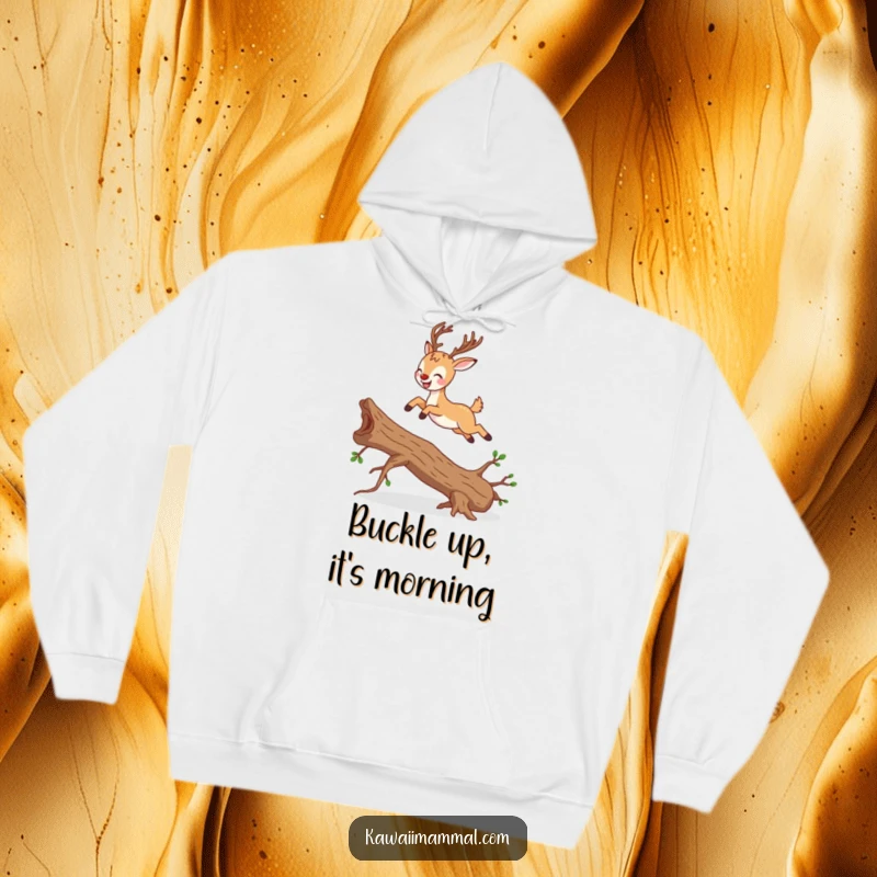 Funny deer character, captured mid-leap, wearing a cozy hoodie, radiating joy and grace.