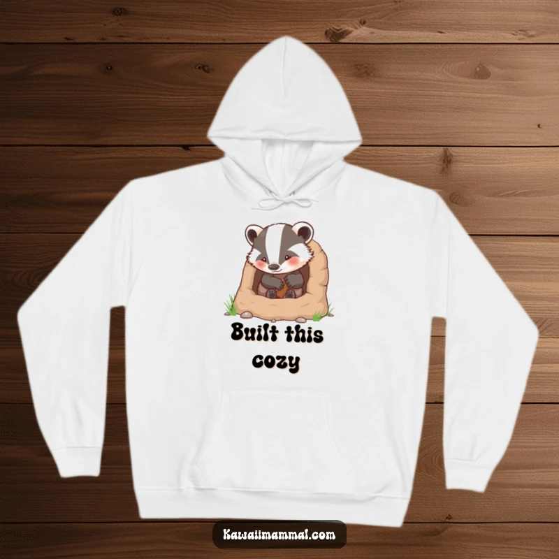Funny hoodie depicting a determined badger character working hard to build a snug and secure burrow.