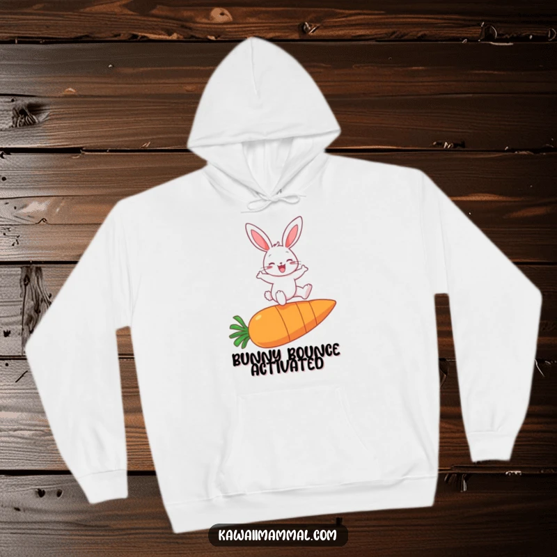 Funny hoodie depicting a whimsical bunny character gleefully leaping over a colossal carrot with a triumphant expression.