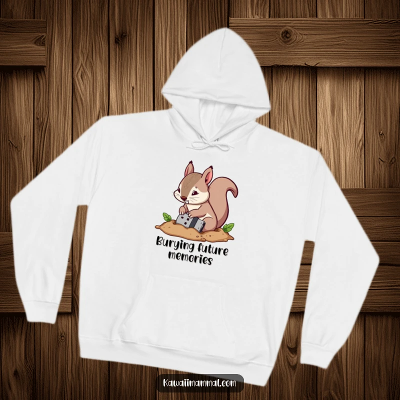 Funny hoodie showing a determined squirrel character hiding a USB drive as if it were a nut, representing secure storage.