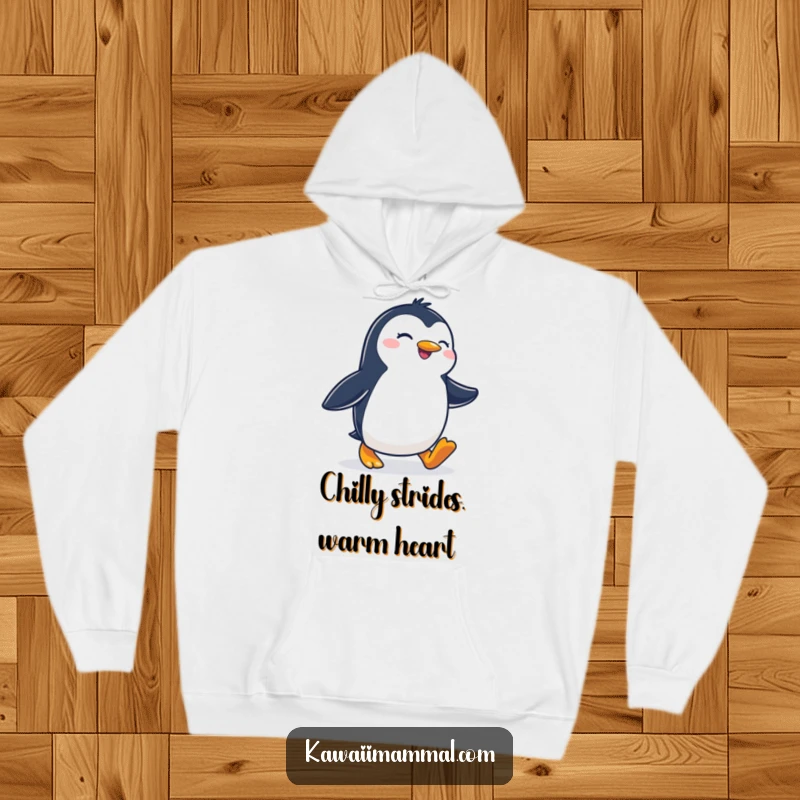 Funny hoodie featuring a joyous penguin waddling with a determined stride, designed for warmth and humorous inspiration.
