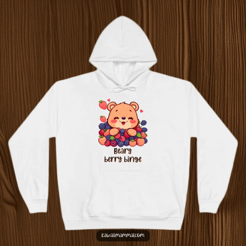Funny hoodie with a happy bear character joyfully eating a gigantic pile of delicious, plump berries, feeling utterly content.