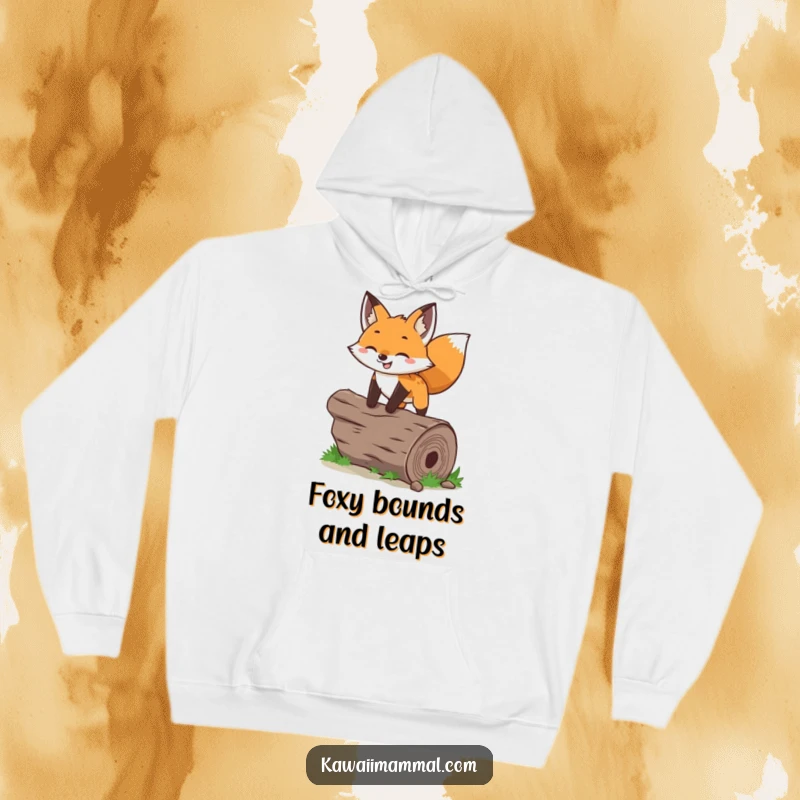 Funny fox hoodie featuring a happy character leaping over a log with perked ears, designed for warmth and humorous style.