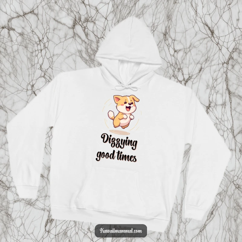 Funny, warm hoodie depicting a Kawaii dog spinning dizzyingly while chasing its tail, offering comfort and playful humor.