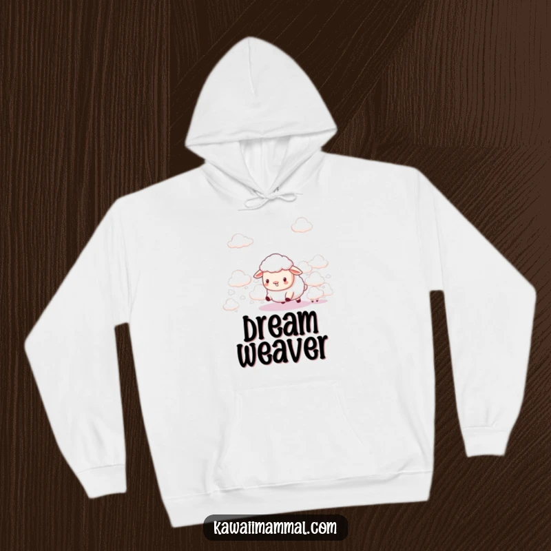 Funny Kawaii Sheep Hoodie: A cute sheep humorously herds fluffy clouds, radiating innocent and funny skyward ambition.