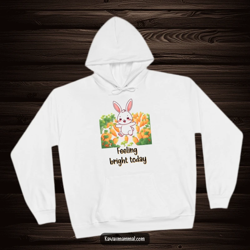 Funny rabbit hoodie with a cheerful character joyfully hopping through a field of glowing carrots, offering warmth and whimsical delight.