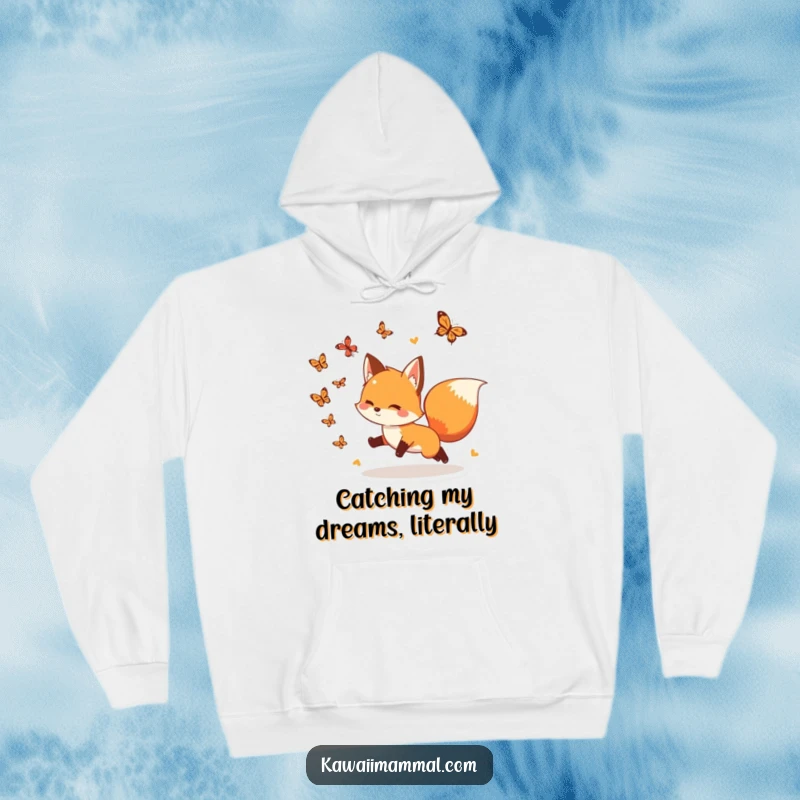 Funny Hoodie: A playful fox with a bushy tail chases butterflies, perfect for staying warm and bringing fun everywhere.