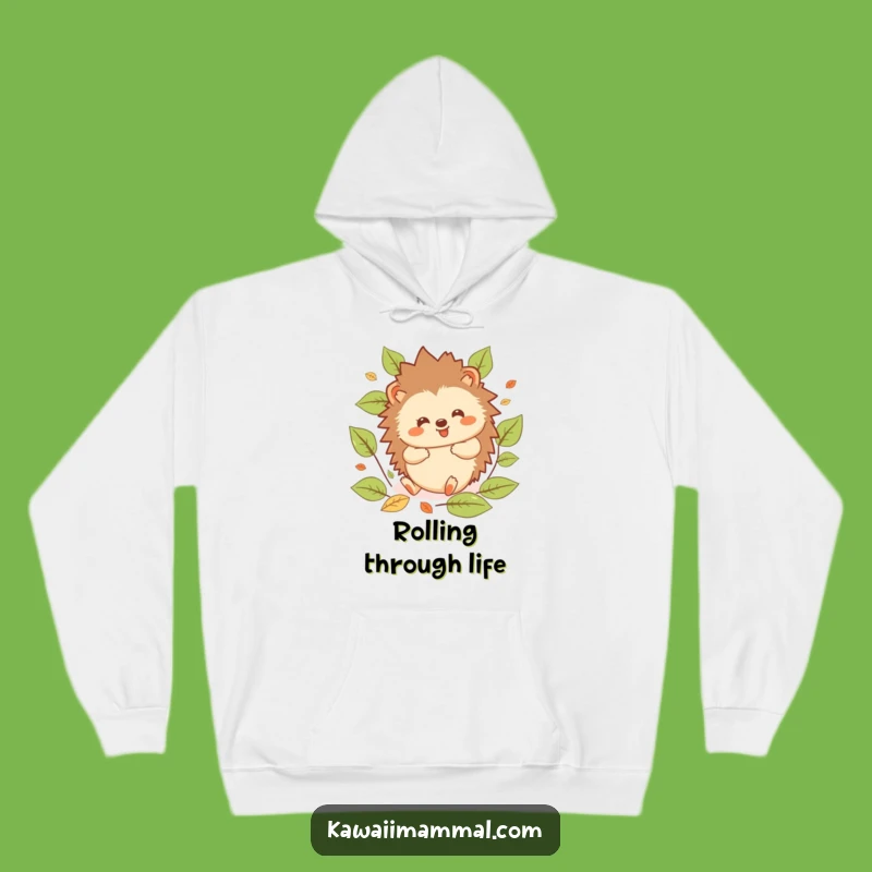 Funny Hedgehog Hoodie: Cozy Kawaii Character Rolling in Leaves, Warm Gift for Autumn Fans