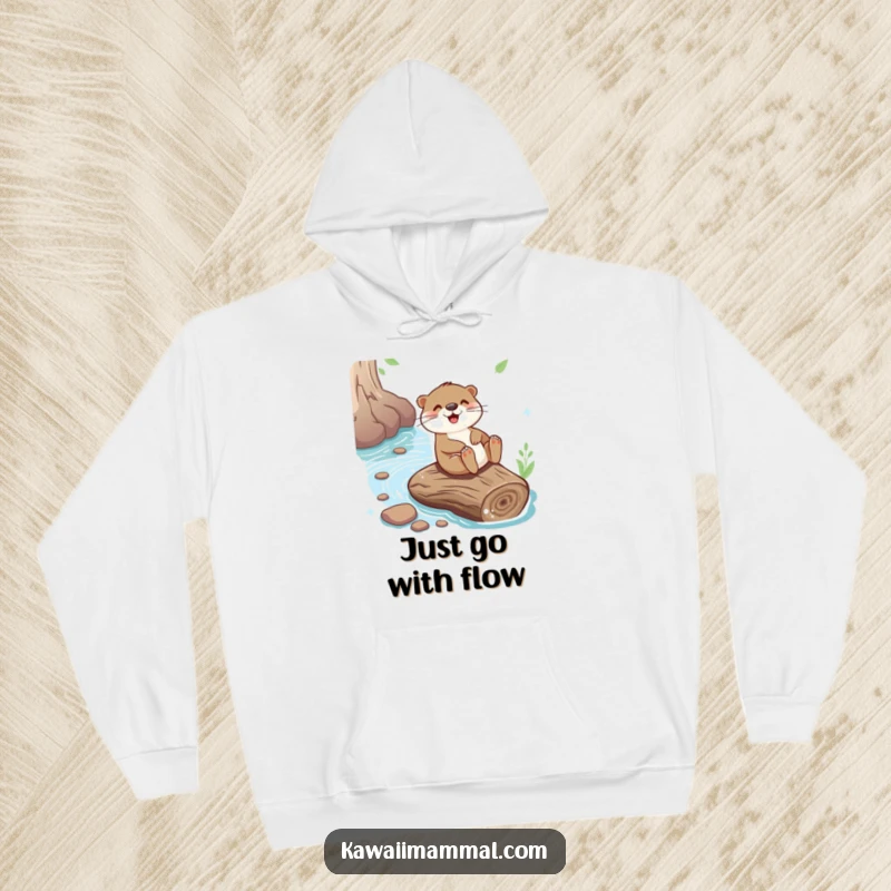 Funny hoodie with a playful otter sliding down a river log, offering comfort and a splash of joyful humor.