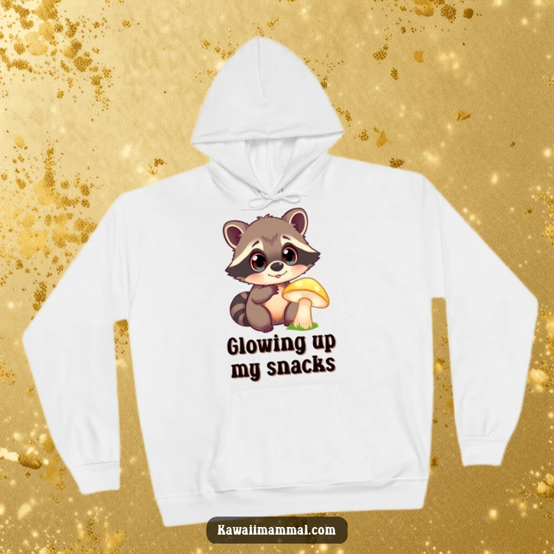 Funny Hoodie: A curious raccoon with large, bright eyes examines a glowing mushroom, perfect for staying warm and whimsical.