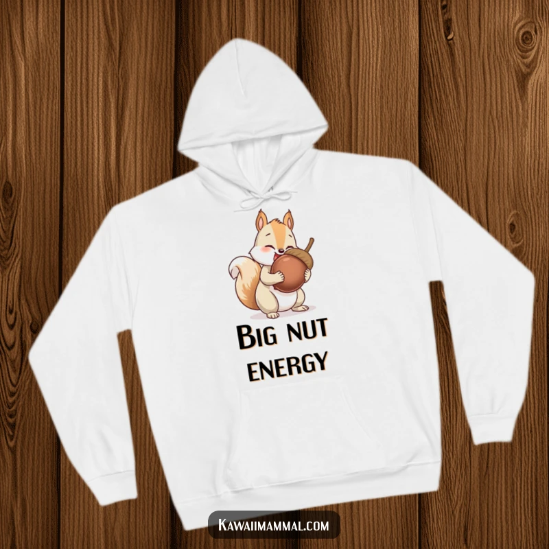 Funny Squirrel Hoodie showcasing a giggling squirrel character struggling with an impossibly large acorn, a cozy and amusing piece of apparel.