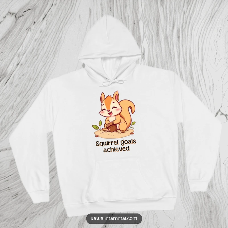 Funny squirrel hoodie depicting a giggling character exerting great effort to bury an acorn, showcasing comedic determination.