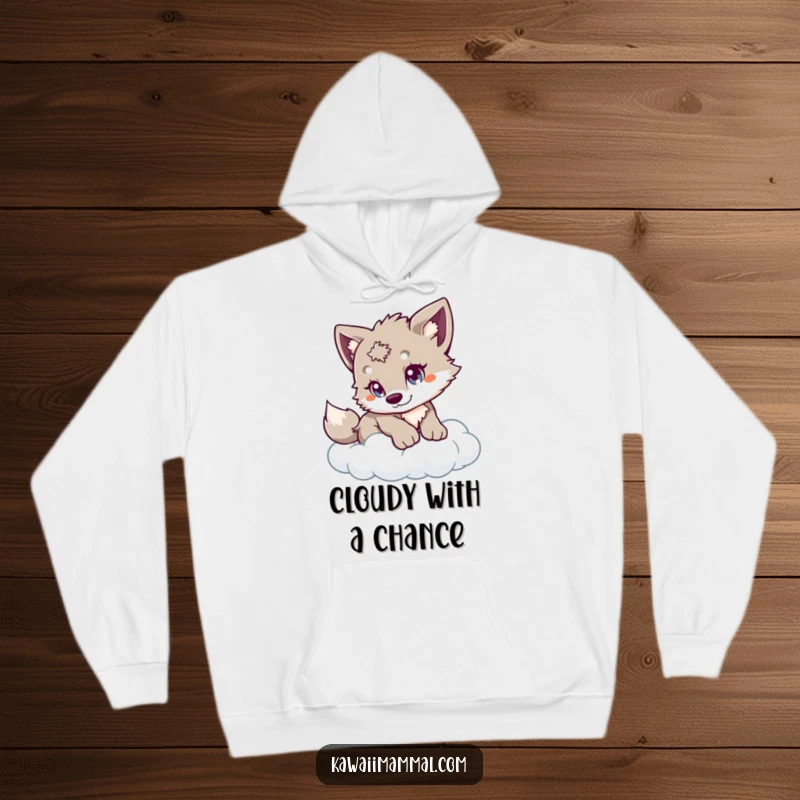 Funny Wolf Cub Hoodie featuring a playful cub with bright eyes, cautiously leaping onto a fluffy cloud, bringing warmth and smiles.