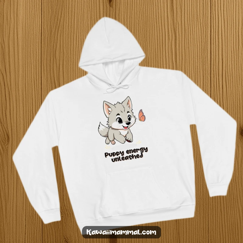Funny hoodie depicting an energetic wolf puppy joyfully chasing a fluttering butterfly in a playful outdoor scene.