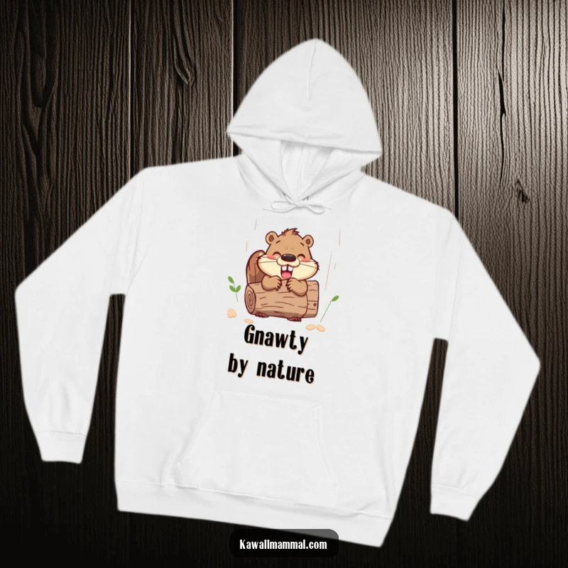 Funny beaver character, focused on gnawing a log, wearing a cozy hoodie, full of happiness.