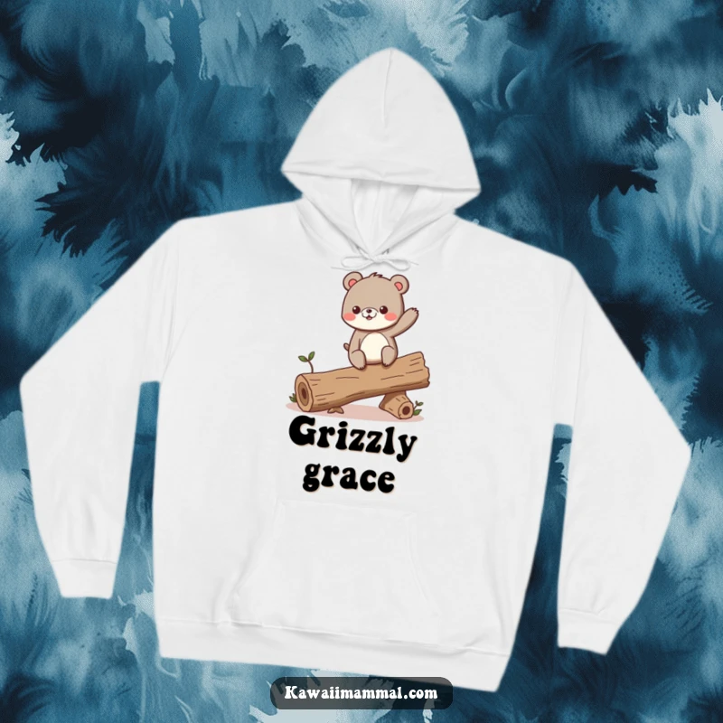 Funny hoodie with a curious bear character precariously balancing on a wobbling log, looking excited and determined.