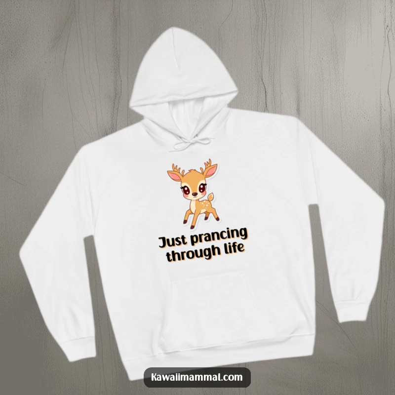 Funny kawaii deer in a graceful prance, depicted on a soft hoodie, bringing cute woodland vibes and humor.