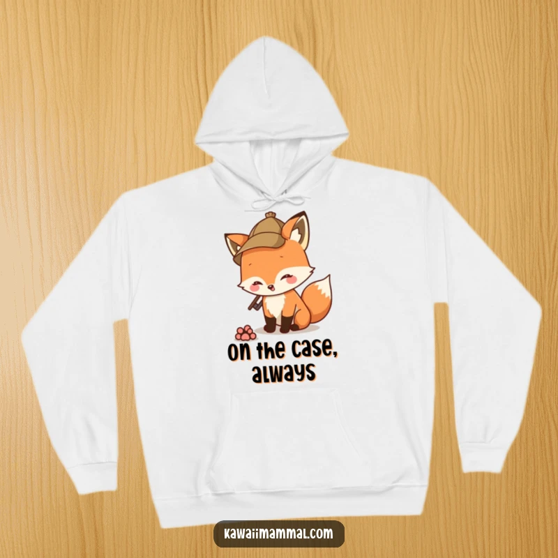 Funny fox detective in a hat sniffing a paw print, depicted on a cozy hoodie for a warm, humorous look.