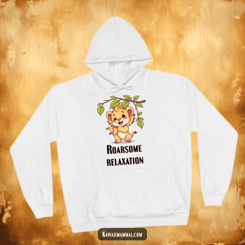 Funny lion cub hoodie, playfully batting at a dangling vine, radiating warmth and a touch of jungle mischief.
