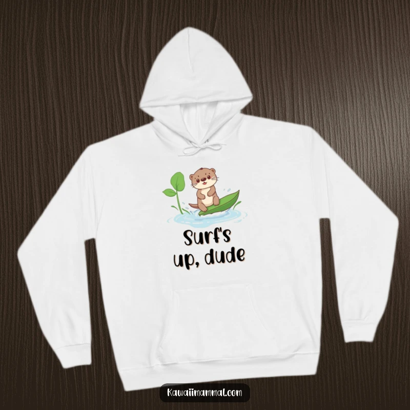 Funny Kawaii Otter Hoodie: A cute otter surfs a big leaf in a puddle, radiating fun and a hilariously determined spirit.