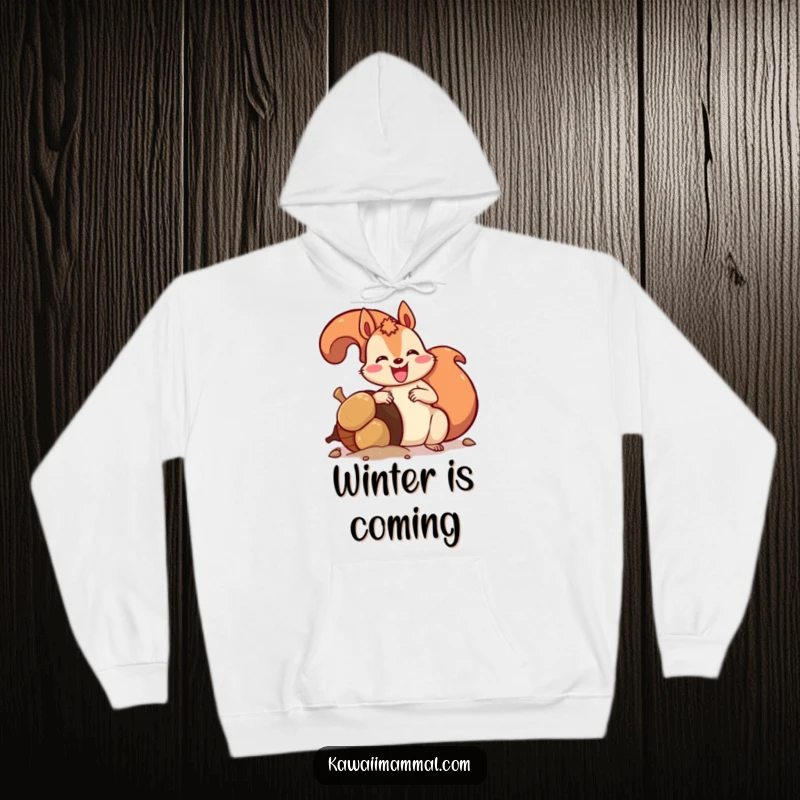 Funny hoodie featuring a delighted squirrel with a bushy tail enthusiastically burying a comically large acorn, perfect for cozy, humorous moments.