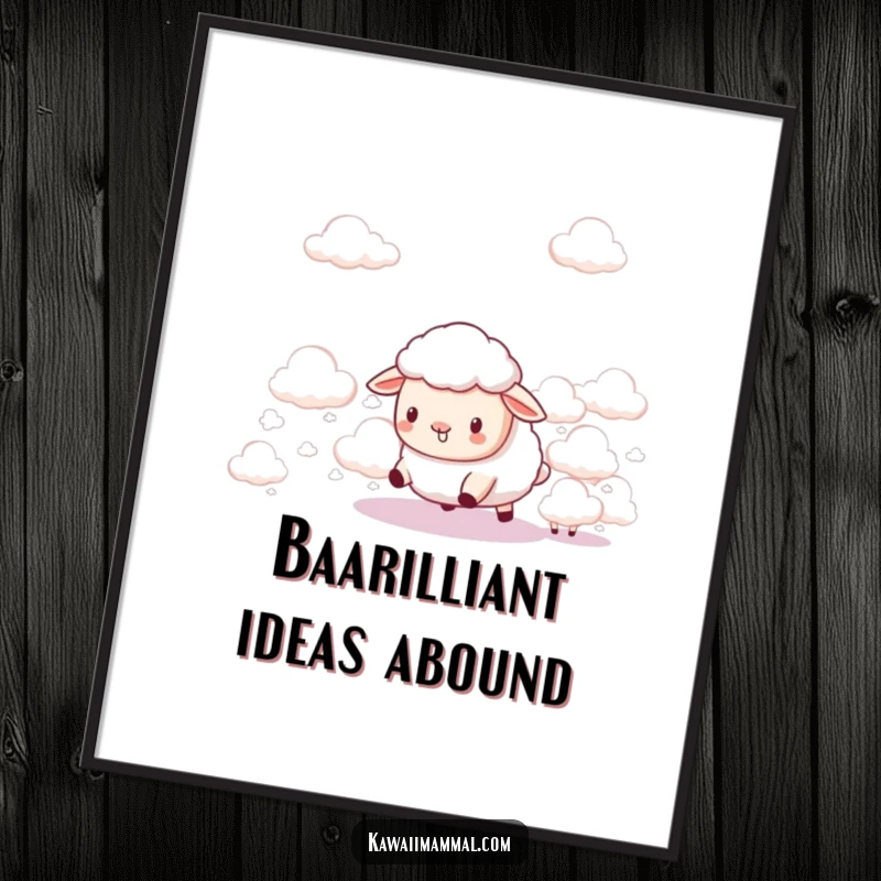 Funny Free Printable Wall Art: A charming Kawaii sheep gently nudging tiny, fluffy clouds, creating a serene scene.