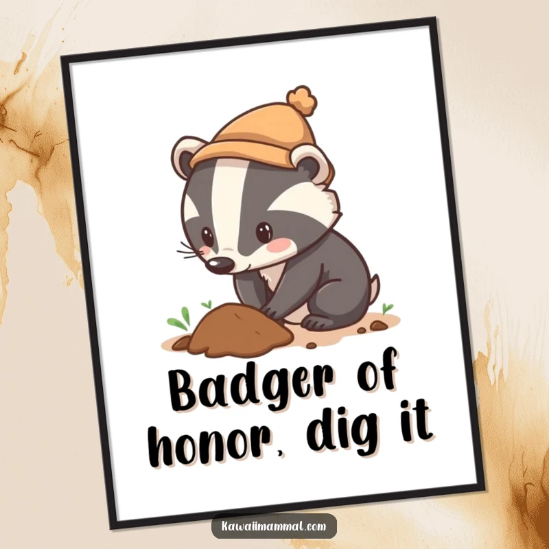 Funny Free Printable Wall Art: Curious badger wearing a tiny hat, digging with unwavering determination.