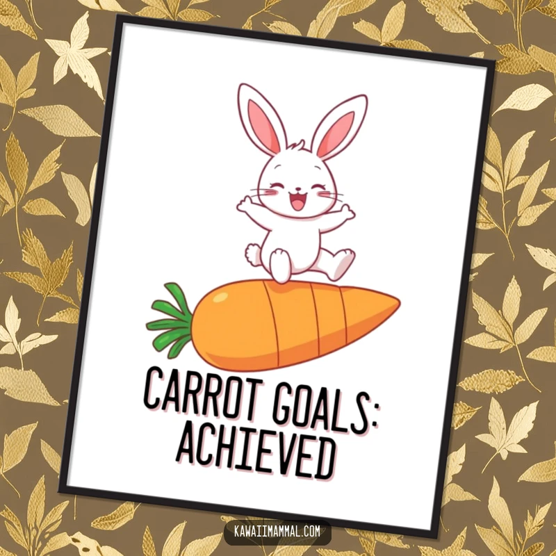 Funny free printable wall art of a gleeful bunny playfully leaping over an enormous carrot, radiating pure joy and energy.