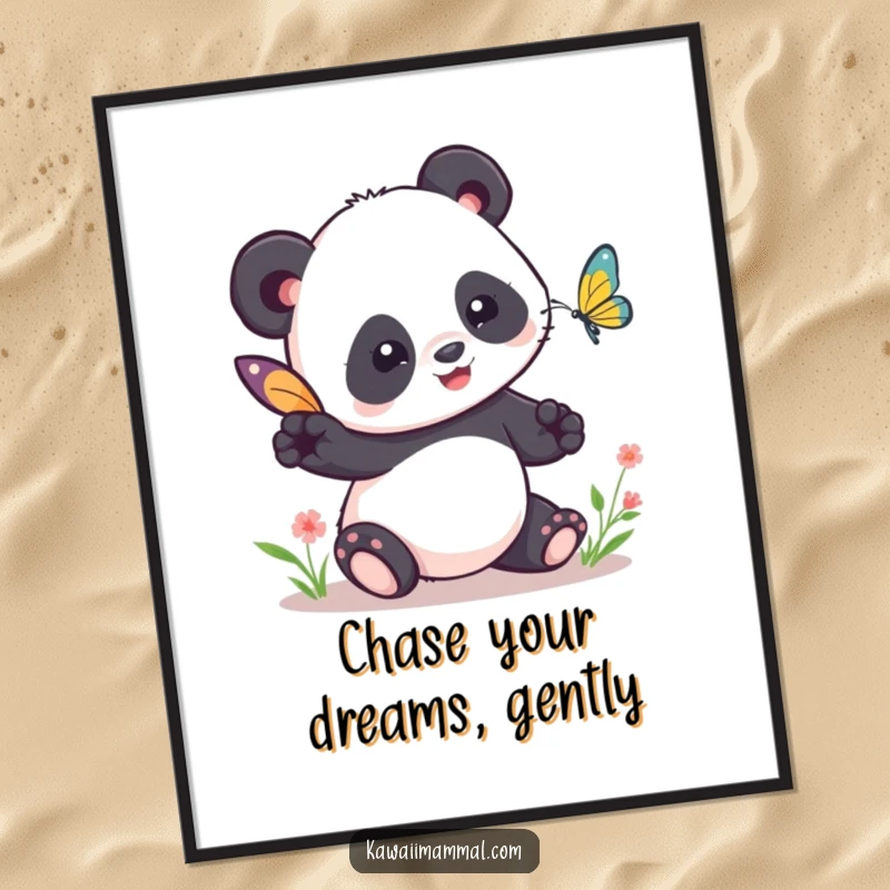Funny Free Printable Wall Art: A cute Kawaii panda reaching out playfully to tag a small, graceful butterfly.