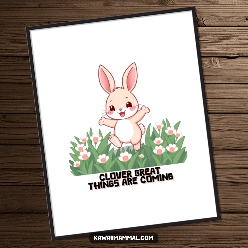 Funny Free Printable Wall Art: An adorable bunny energetically hopping through a lush green clover patch, radiating happiness.