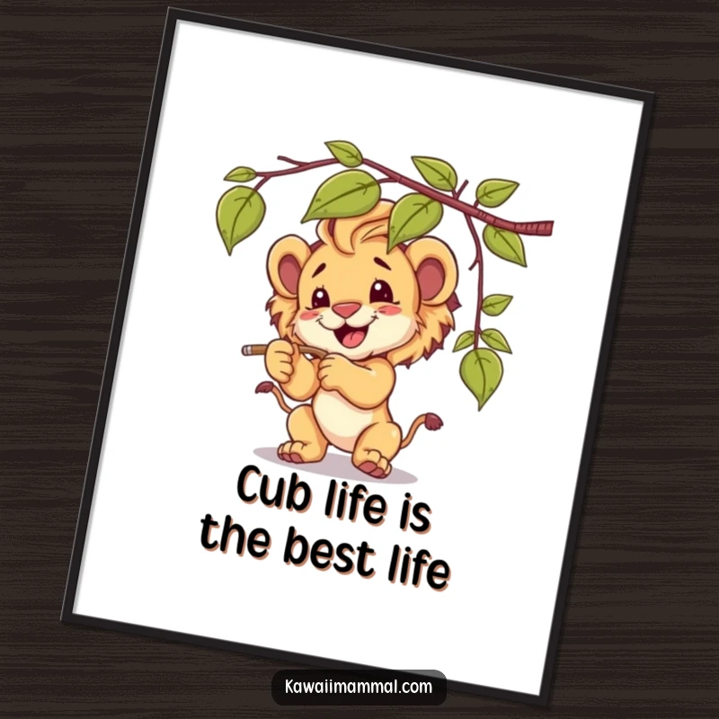 Funny Free Printable Wall Art: Content lion cub character batting at a dangling vine, playful jungle theme, downloadable art.