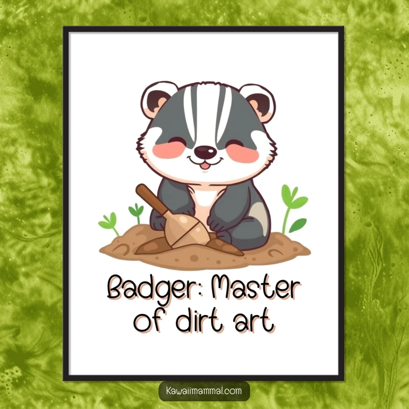 Funny Free Printable wall art of a smiling badger digging energetically in soil, a humorous piece of downloadable art.