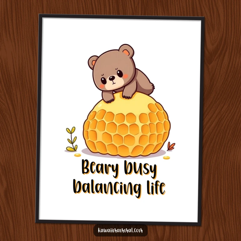 Funny Free Printable Bear Wall Art, a determined bear balancing precariously on a giant honeycomb, whimsical and humorous art.