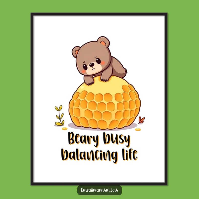 Free Printable Bear Art: Balancing Bear on Honeycomb, Whimsical Wall Decor, Funny Downloadable Gift