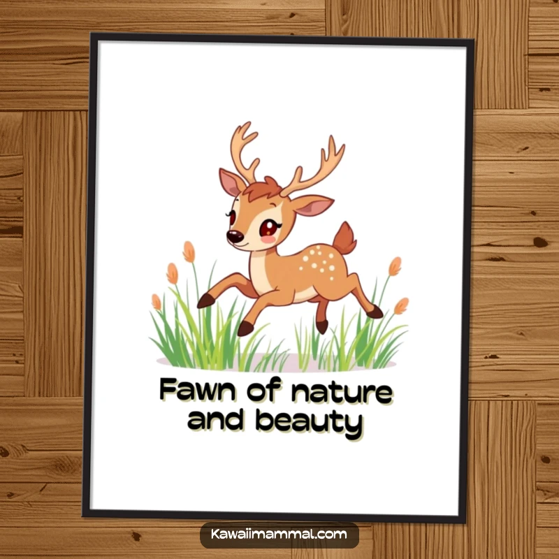 Funny Free Printable Wall Art: A cheerful deer with grand antlers leaps effortlessly through a field of tall, swaying grass.
