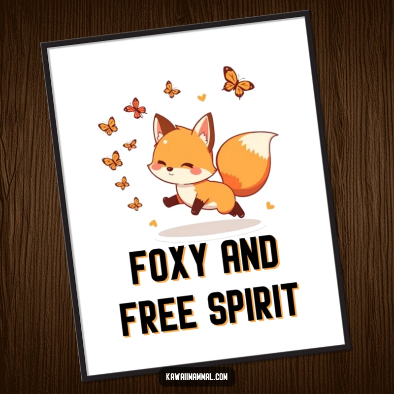 Funny Free Printable Wall Art: An excited fox with a bushy tail energetically chases a cloud of beautiful butterflies.