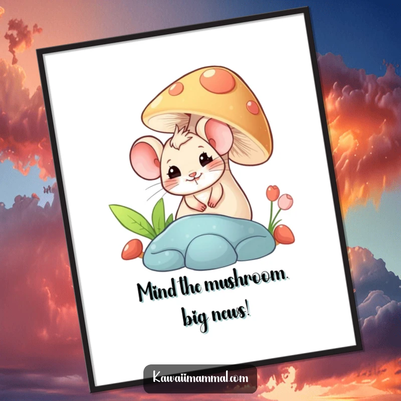 Funny Free Printable wall art of a giggling mouse peeking from behind a giant mushroom, a whimsical piece of decor.