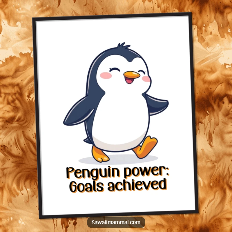 Funny Free Printable wall art of a joyous penguin waddling with a determined stride, a charming piece of downloadable art.