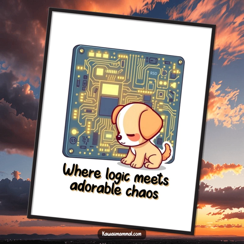 Funny Free Printable Wall Art of a curious puppy sniffing a giant glowing circuit board, perfect downloadable decor.