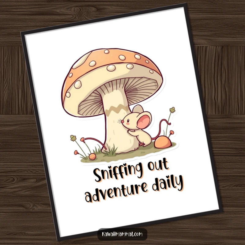 Funny Free Printable Wall Art: A courageous kawaii mouse bravely sniffs a giant, fantastical mushroom in a magical forest.