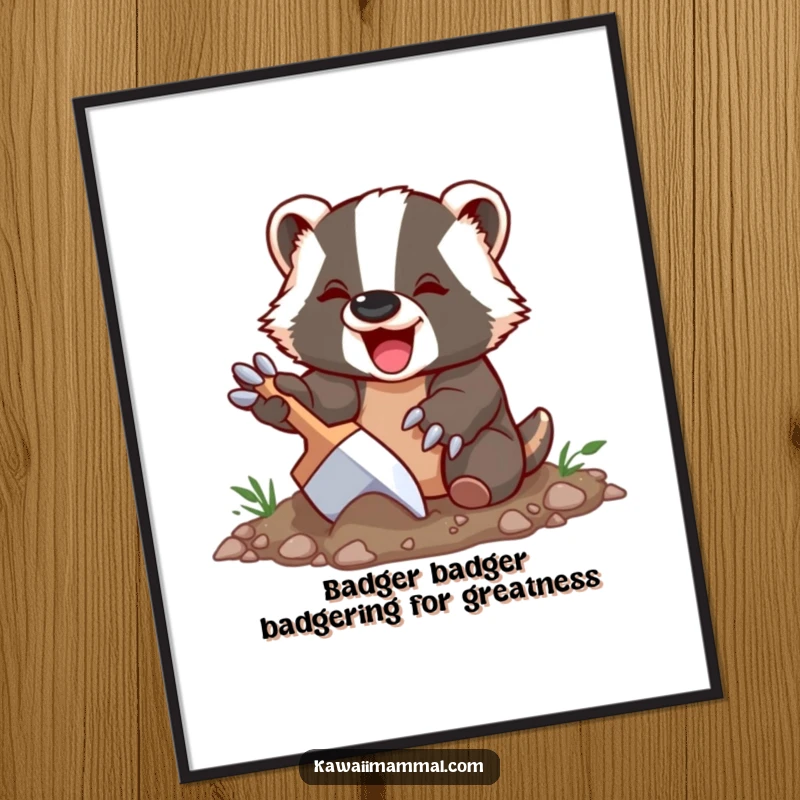 Funny Free Printable Wall Art: Delighted badger character happily digging with oversized claws, creating charming earthy decor.