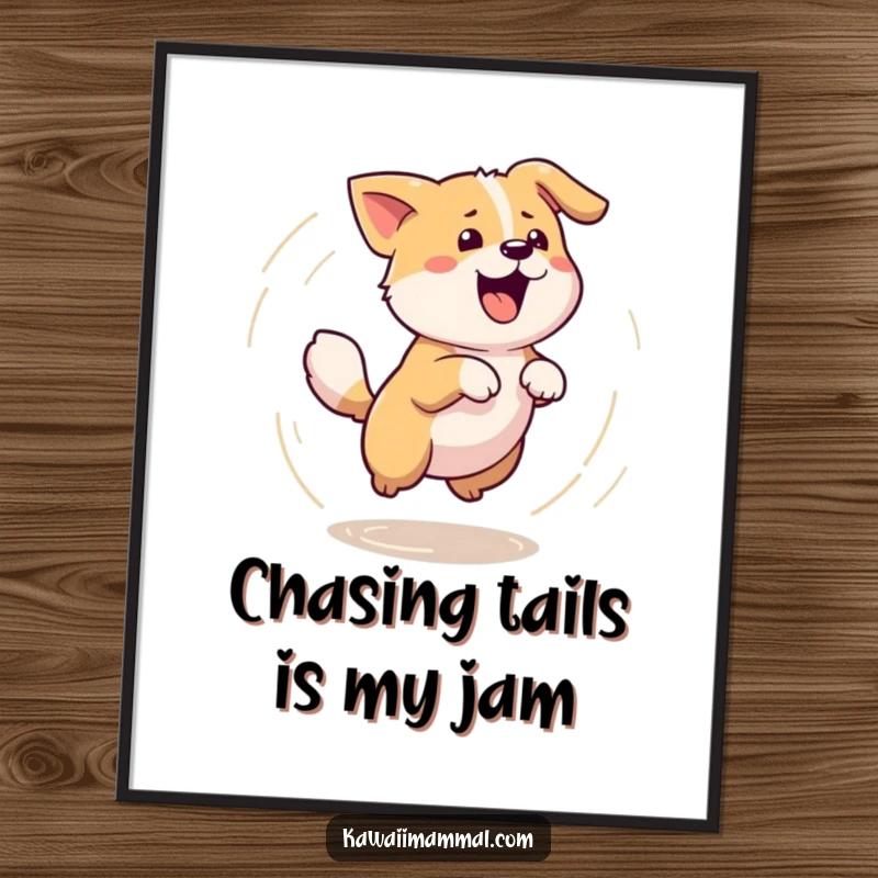 Funny Free Printable Wall Art: a cute Kawaii dog joyfully chasing its tail in a hilarious dizzy circle.
