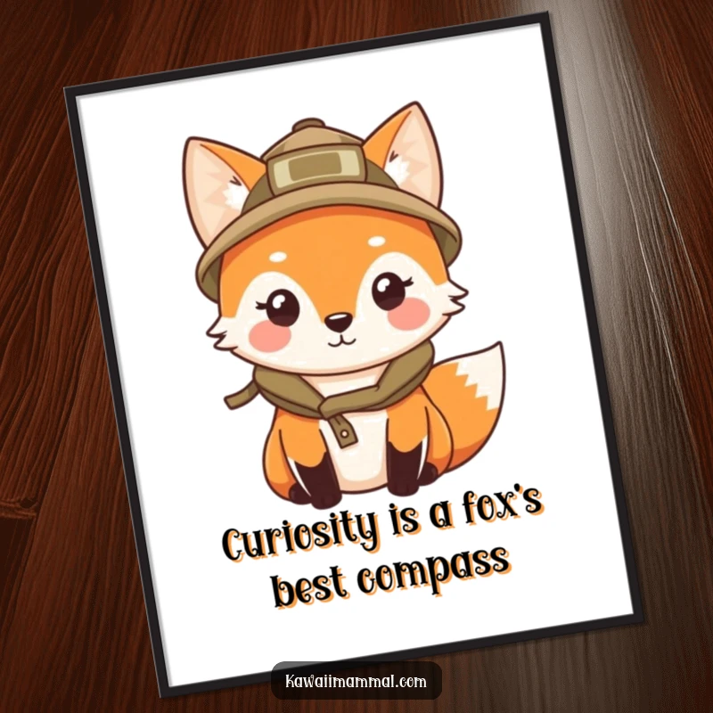 Cute Free Printable Wall Art: A kawaii fox character in an explorer hat, peering curiously into the distance.