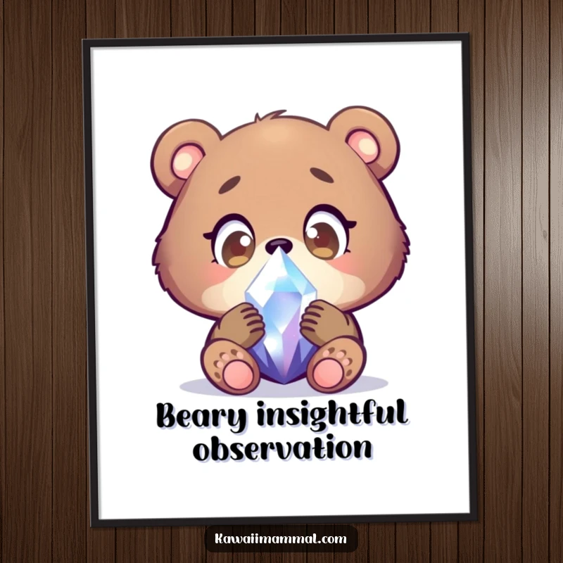 Funny Free Printable Wall Art: Focused bear cub character examining a shimmering crystal with wide, wondering eyes, full of awe.