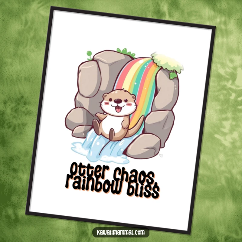 Funny Free Printable Wall Art: Playful otter character joyfully sliding down a vibrant rainbow waterfall, full of glee.